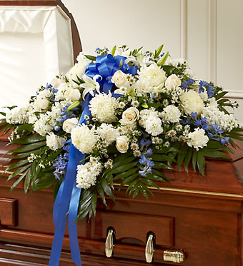 Blue &amp; White Cherished  Rose Half Casket Cover