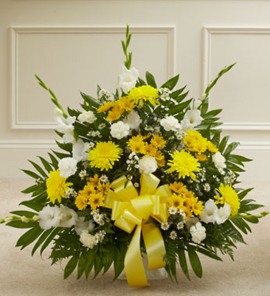 Yellow and White Tribute Basket Arrangement