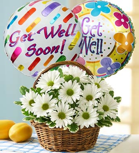 Basket of Daisies with Get Well Balloon